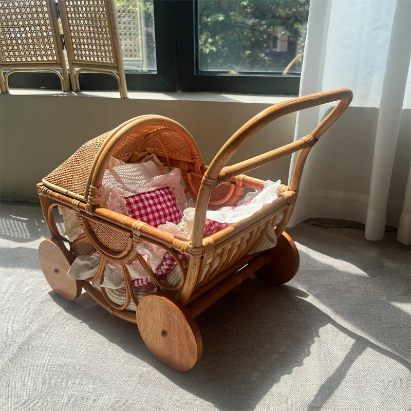 Baby Nursery Basket - Gewebter Rattan-Kinderwagen, Vintage-Spielhaus, Spielzeugkutsche, antiker Stil,