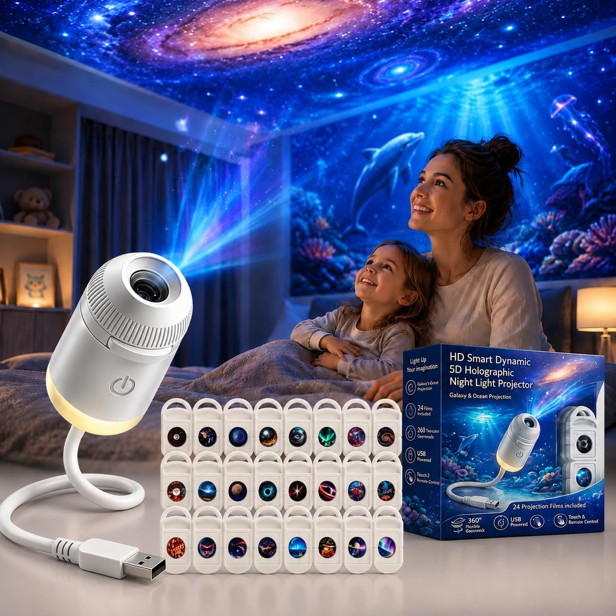 Night Light Projector Stars - HD Smart Dynamischer 5D Holographischer Nachtlicht-Projektor,
