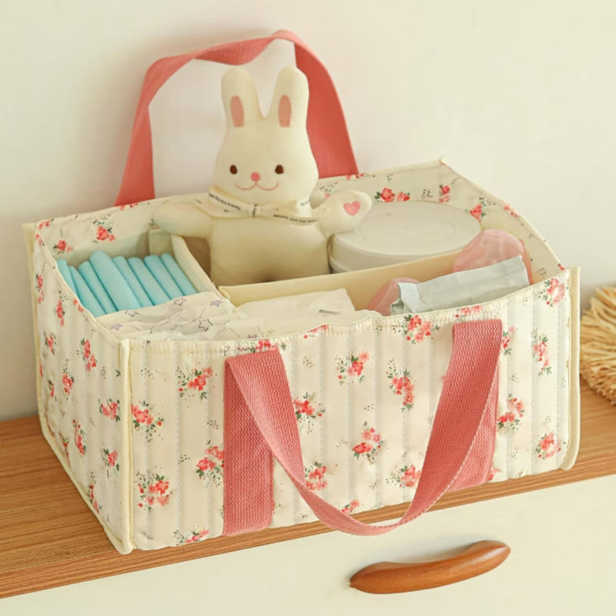 Baby Nursery Basket - Blumenmuster Windel-Organizer, Tragbarer Aufbewahrungskorb mit Trennwänden,